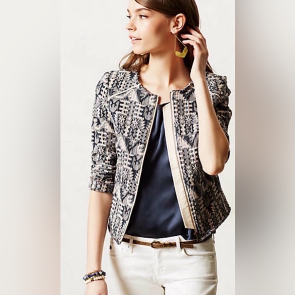 Anthropologie: Hei Hei Aztec jacquard Jacket/blazer with tattered sleeve/hem